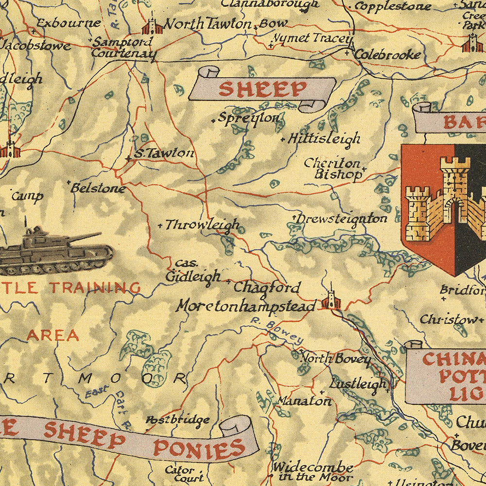 Mapa pictórico antiguo de Devon realizado por Clegg en 1947: Plymouth, Exeter, Dartmoor, lugares de la Segunda Guerra Mundial y la catedral de Exeter