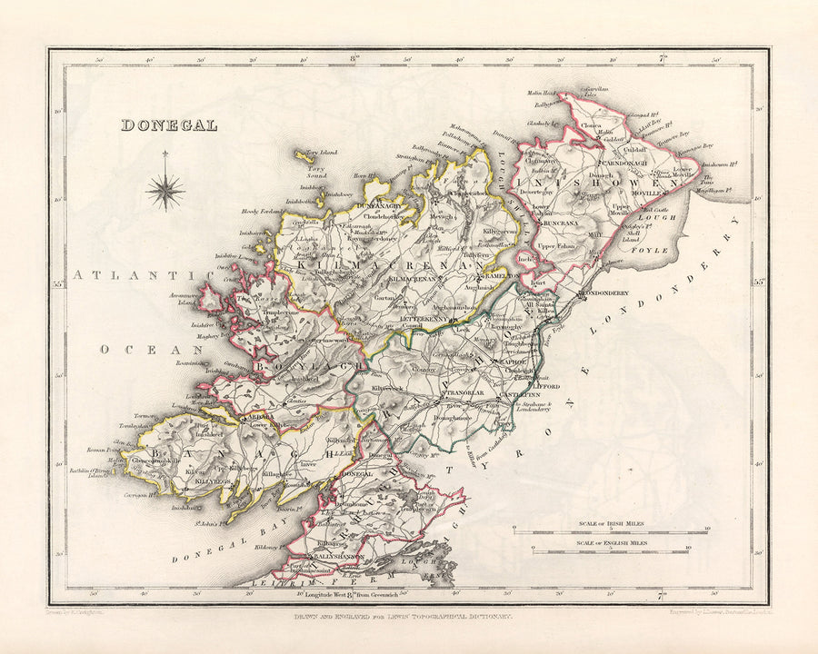 Mappa antica della Contea di Donegal di Samuel Lewis, 1844: Ballyshannon, Letterkenny, Dunfanaghy, Killybegs, Parco Nazionale di Glenveagh 