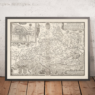 Alte Karte von Dorset im Jahr 1611 von John Speed - Poole, Weymouth, Dorchester, Bridport, Lyme Regis 