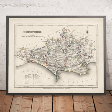 Antica mappa del Dorset di Samuel Lewis, 1844: Blandford Forum, Bridport, Lyme Regis, Shaftesbury, Wimborne Minster 