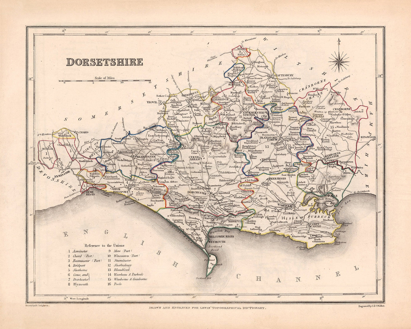Alte Karte von Dorset von Samuel Lewis, 1844: Blandford Forum, Bridport, Lyme Regis, Shaftesbury, Wimborne Minster