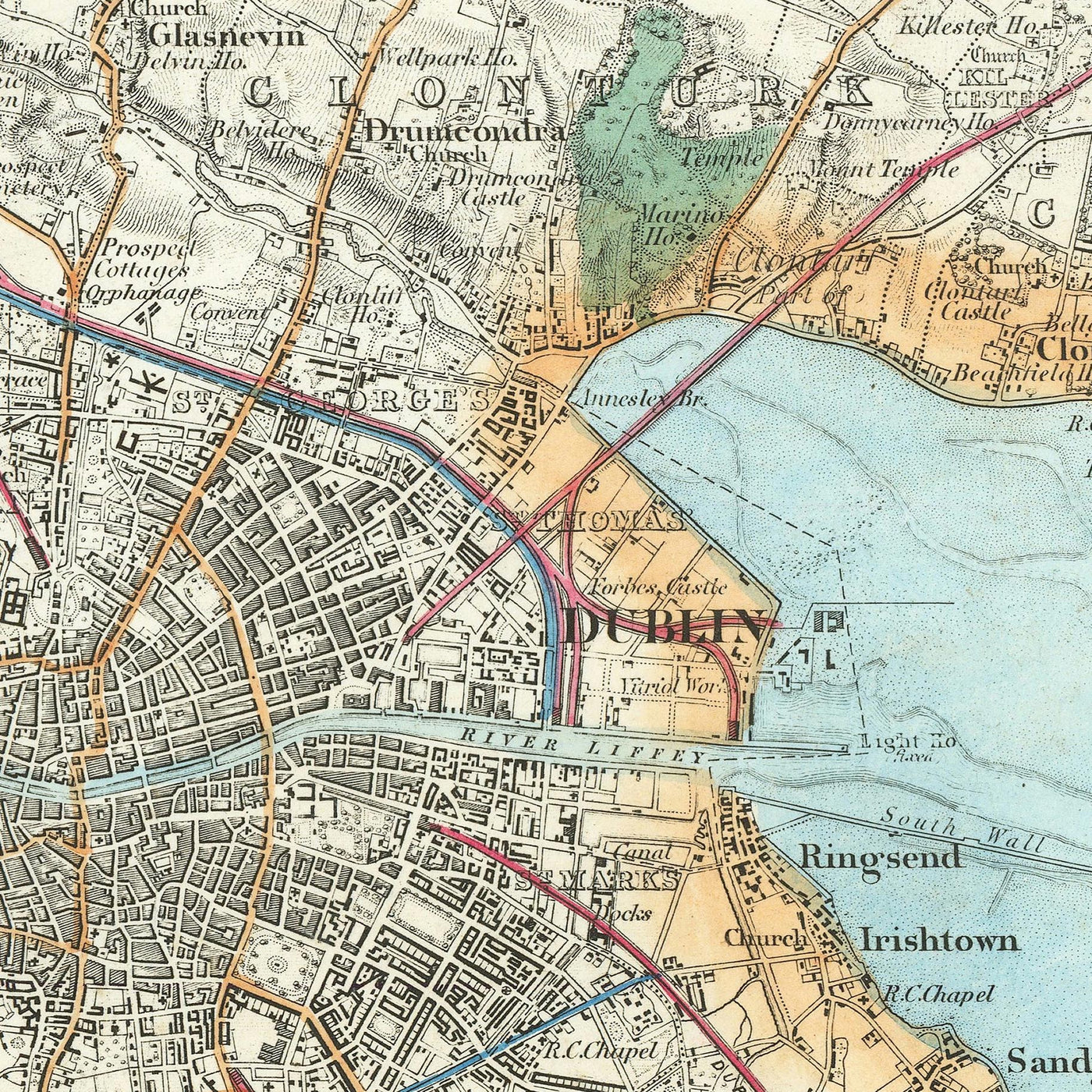 Alte Karte von Dublin, 1868: Phoenix Park, Drumcondra, Burgen, Flüsse, Meath