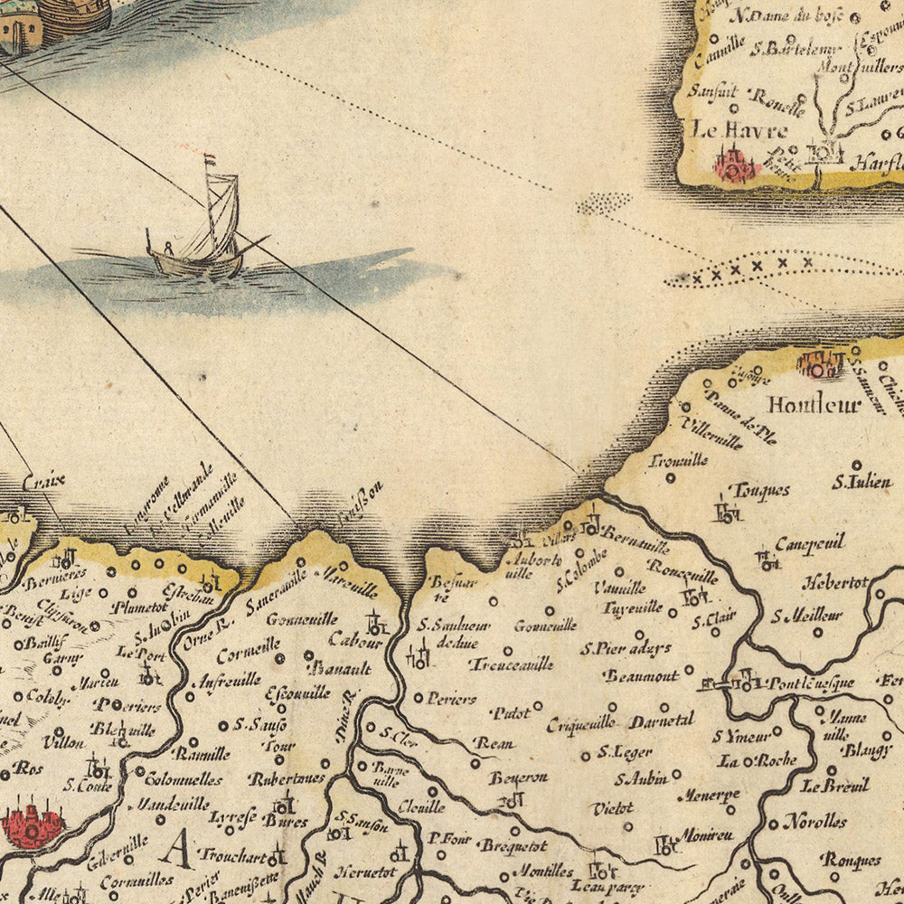 Old Map of Duchy of Normandy by Visscher, 1690: Caen, Le Havre, Roen, Cherbourg-en-Cotentin, Normandie-Maine Park