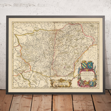 Alte Karte von Burgund, Frankreich von Visscher, 1690: Dijon, Besançon, Chalon-sur-Saône, Belfort, Regionaler Naturpark Morvan 