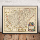 Mapa antiguo de Borgoña, Francia por Visscher, 1690: Dijon, Besançon, Chalon-sur-Saône, Belfort, Parc natural regional du Morvan