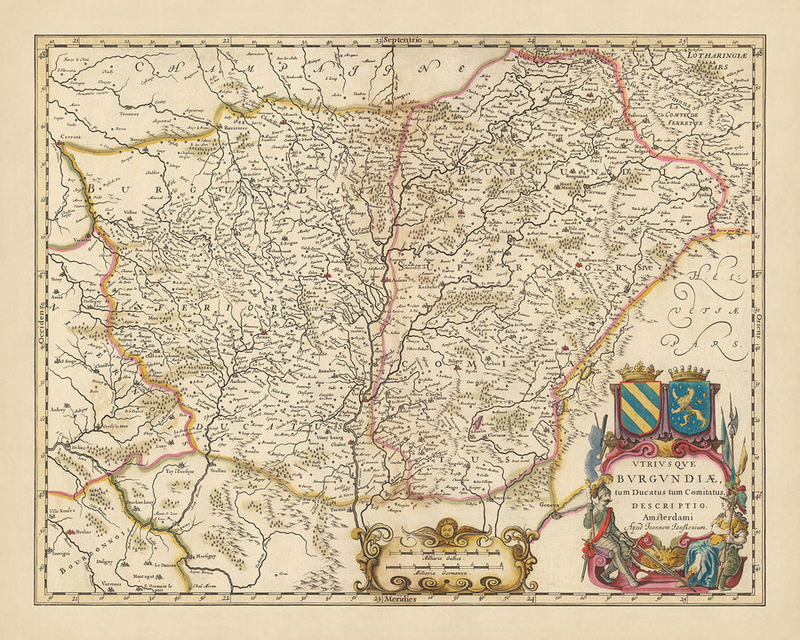 Mappa antica della Borgogna, Francia di Visscher, 1690: Digione, Besançon, Chalon-sur-Saône, Belfort, Parco naturale regionale del Morvan 