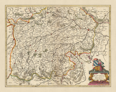 Old Map of Duchy of Bavaria by Visscher, 1690: Regensburg, Ingolstadt, Munich, Augsburg, Zugspitze
