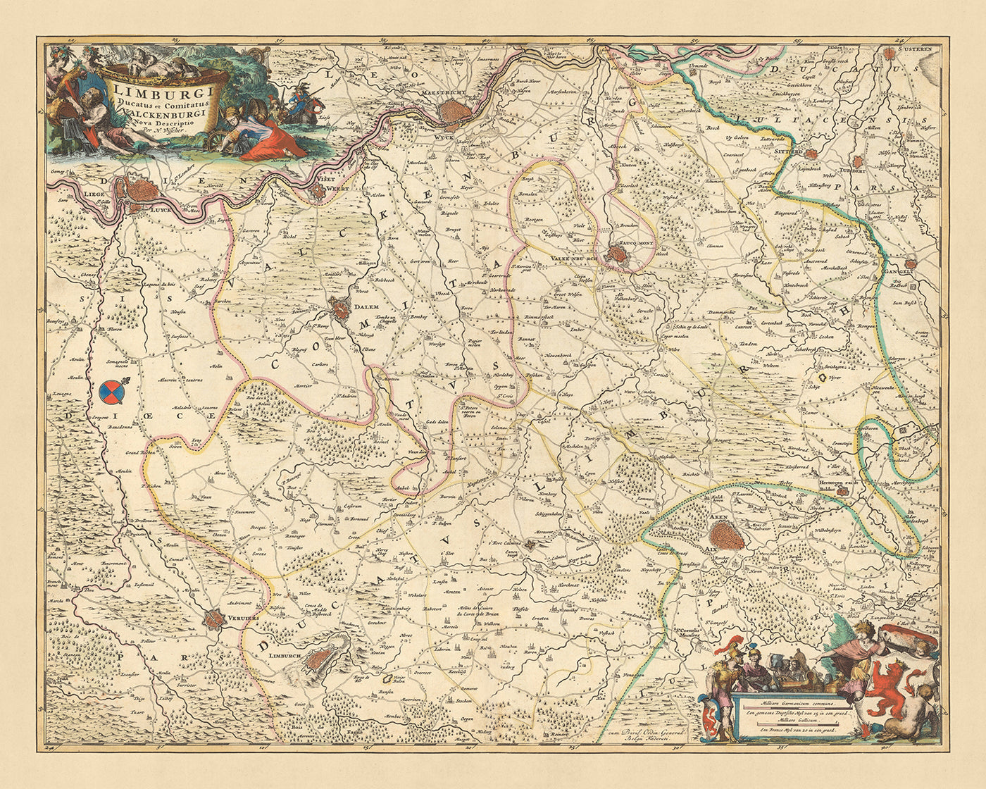 Old Map of Duchy of Limburg & County of Valkenburg by Visscher, 1690: Liège, Aachen, Maastricht, Verviers, Heerlen