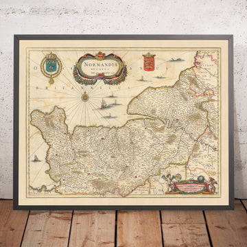 Mapa antiguo del Ducado de Normandía por Visscher, 1690: Caen, Le Havre, Roen, Cherbourg-en-Cotentin, Parque Normandie-Maine
