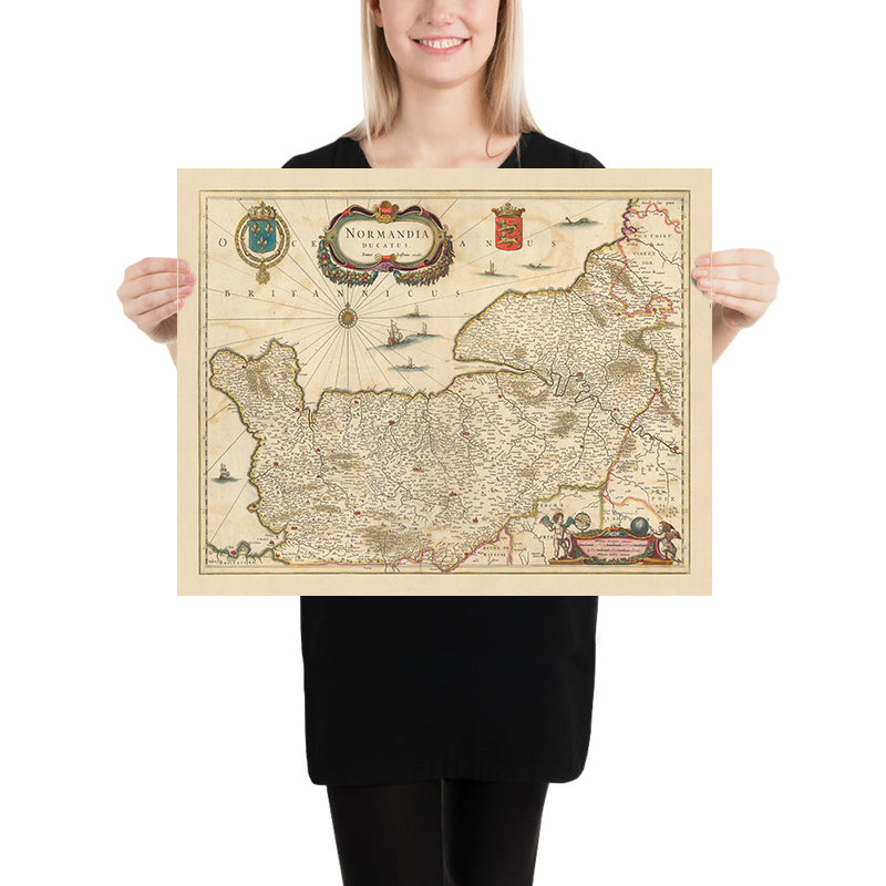 Alte Karte des Herzogtums Normandie von Visscher, 1690: Caen, Le Havre, Roen, Cherbourg-en-Cotentin, Normandie-Maine Park