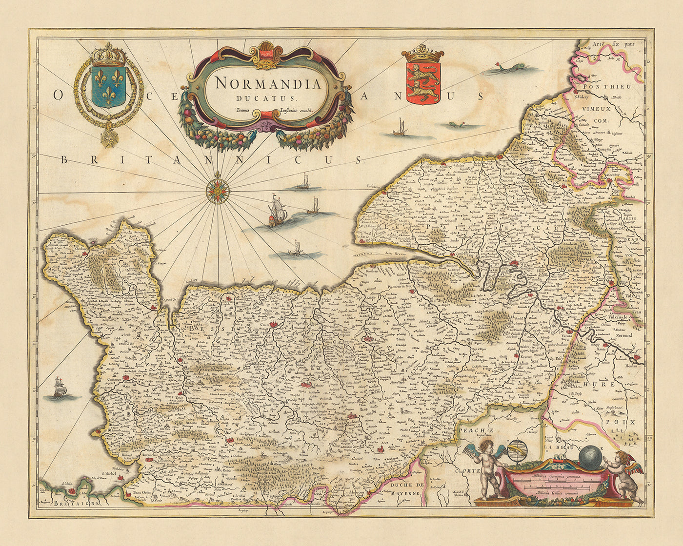Mapa antiguo del Ducado de Normandía por Visscher, 1690: Caen, Le Havre, Roen, Cherbourg-en-Cotentin, Parque Normandie-Maine