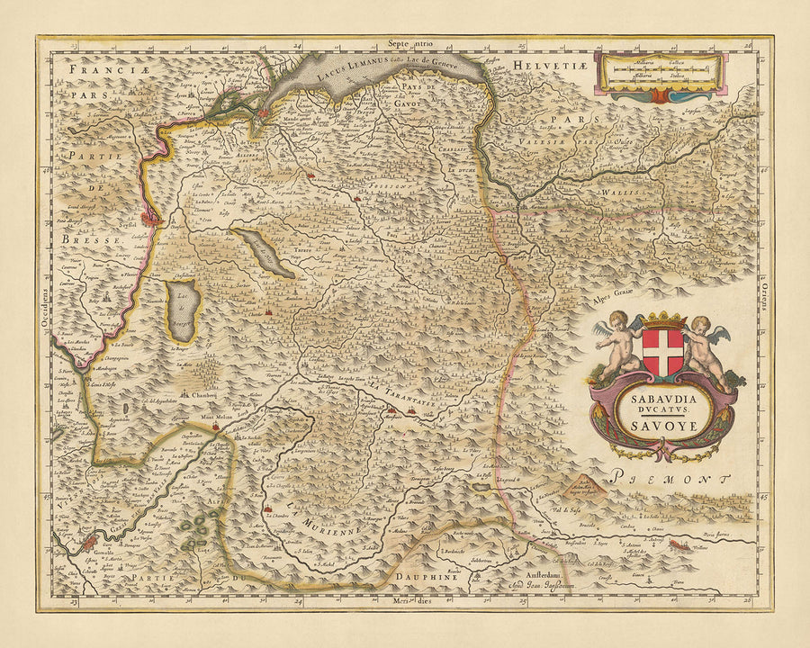 Mappa antica del Ducato di Savoia, Francia di Visscher, 1690: Ginevra, Grenoble, Chambéry, Chamonix, Parco Nazionale della Vanoise 