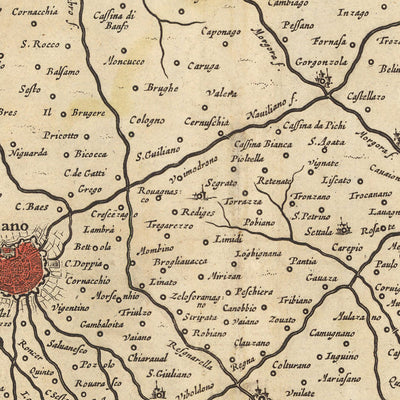Mapa antiguo del Ducado de Milán, Italia por Visscher, 1690: Como, Bérgamo, Pavía, Piacenza, Parco Agricolo Sud Milano