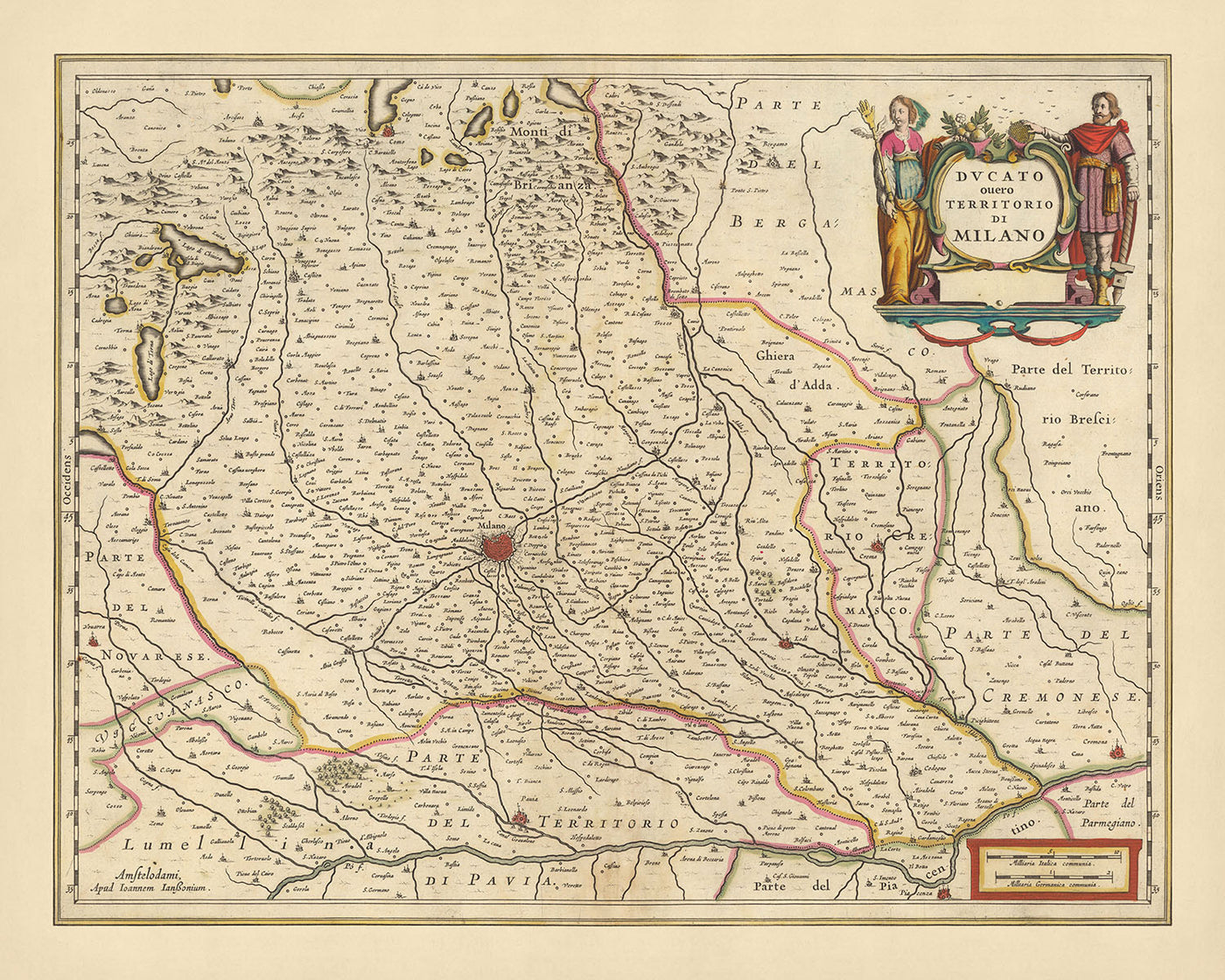 Old Map of Duchy of Milan, Italy by Visscher, 1690: Como, Bergamo, Pavia, Piacenza, Parco Agricolo Sud Milano