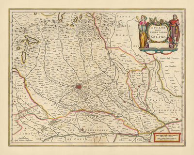 Mapa antiguo del Ducado de Milán, Italia por Visscher, 1690: Como, Bérgamo, Pavía, Piacenza, Parco Agricolo Sud Milano