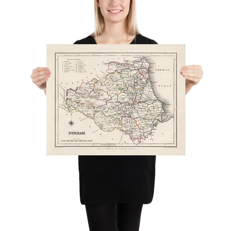 Mapa antiguo de Durham por Samuel Lewis, 1844: Sunderland, Stockton-on-Tees, Hartlepool, Bishop Auckland, Darlington