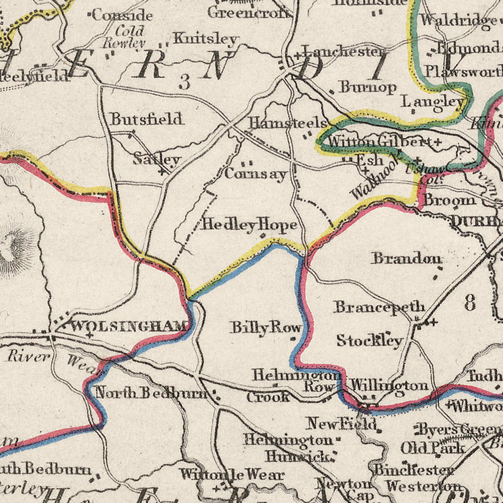 Mapa antiguo de Durham por Samuel Lewis, 1844: Sunderland, Stockton-on-Tees, Hartlepool, Bishop Auckland, Darlington
