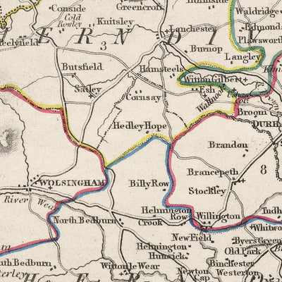 Mapa antiguo de Durham por Samuel Lewis, 1844: Sunderland, Stockton-on-Tees, Hartlepool, Bishop Auckland, Darlington