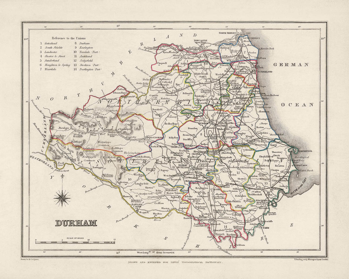 Mapa antiguo de Durham por Samuel Lewis, 1844: Sunderland, Stockton-on-Tees, Hartlepool, Bishop Auckland, Darlington