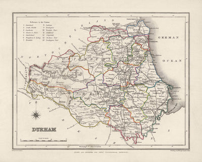 Mapa antiguo de Durham por Samuel Lewis, 1844: Sunderland, Stockton-on-Tees, Hartlepool, Bishop Auckland, Darlington