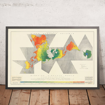 Ancienne carte du monde Airocean Dymaxion par Buckminster Fuller, 1954 : Projection icosaédrique, Une Terre Île 