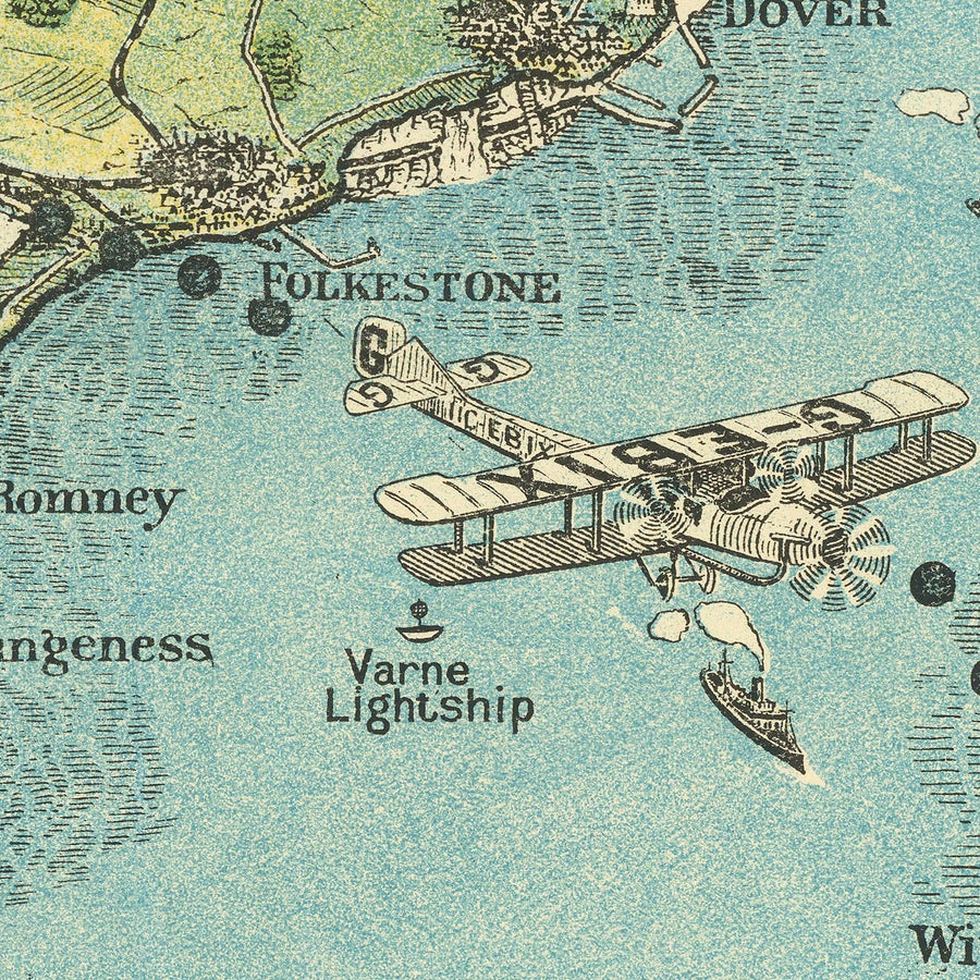 Mappa della vecchia rotta di Londra a Parigi in aereo, 1928: Imperial Airways, Croydon, biplano Handley Page 