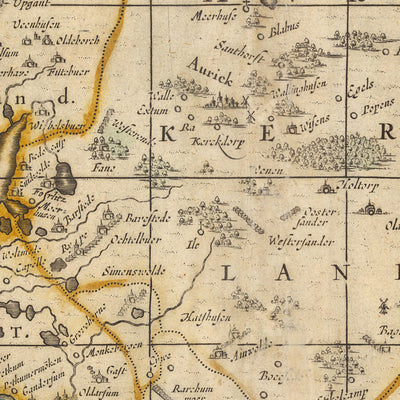 Mapa antiguo de Frisia Oriental por Visscher, 1690: Wilhelmshaven, Emden, Aurich, Leer, Reserva Natural de Leyhörn