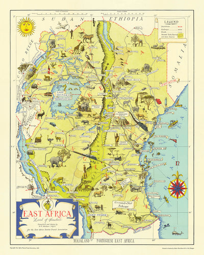 Antiguo mapa pictórico de África Oriental por Mathews, 1949: Serengeti, Kilimanjaro, Victoria, Valle del Rift, Vida Silvestre
