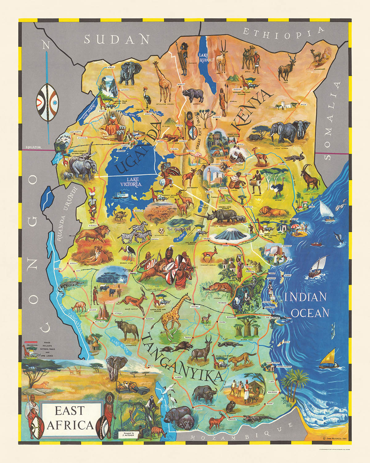 Antiguo mapa pictórico de África Oriental de McKenzie, 1961: Nairobi, Serengeti, Tsavo, Kilimanjaro, Victoria