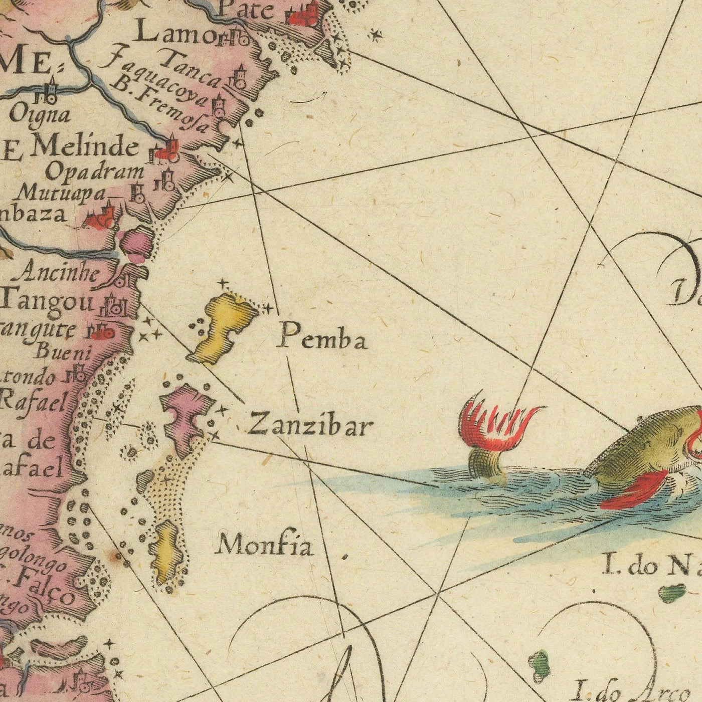 Old Map of East Africa & Indian Ocean by Linschoten, 1596: Mozambique, Zanzibar, Madagascar, Mogadishu, Prester John