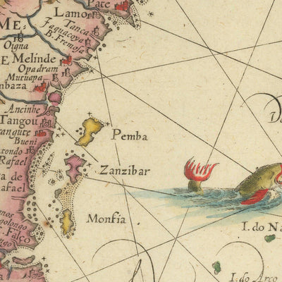 Old Map of East Africa & Indian Ocean by Linschoten, 1596: Mozambique, Zanzibar, Madagascar, Mogadishu, Prester John