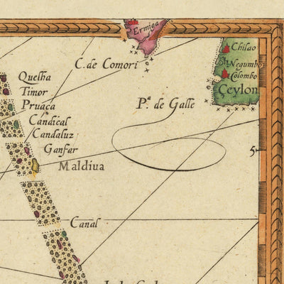 Old Map of East Africa & Indian Ocean by Linschoten, 1596: Mozambique, Zanzibar, Madagascar, Mogadishu, Prester John