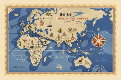 Old Pictorial Map of Eastern Hemisphere Air Routes by BOAC, 1949: Mid-Twentieth Century Aviation