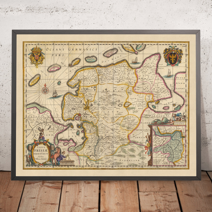 Vecchia mappa della Frisia orientale di Visscher, 1690: Wilhelmshaven, Emden, Aurich, Leer, Riserva Naturale di Leyhörn 