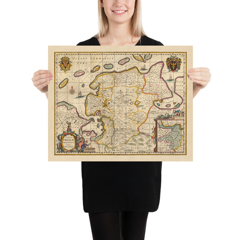 Vecchia mappa della Frisia orientale di Visscher, 1690: Wilhelmshaven, Emden, Aurich, Leer, Riserva Naturale di Leyhörn 