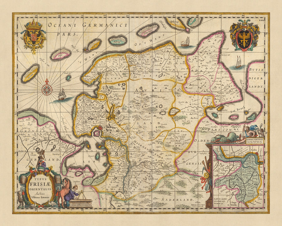 Vecchia mappa della Frisia orientale di Visscher, 1690: Wilhelmshaven, Emden, Aurich, Leer, Riserva Naturale di Leyhörn 