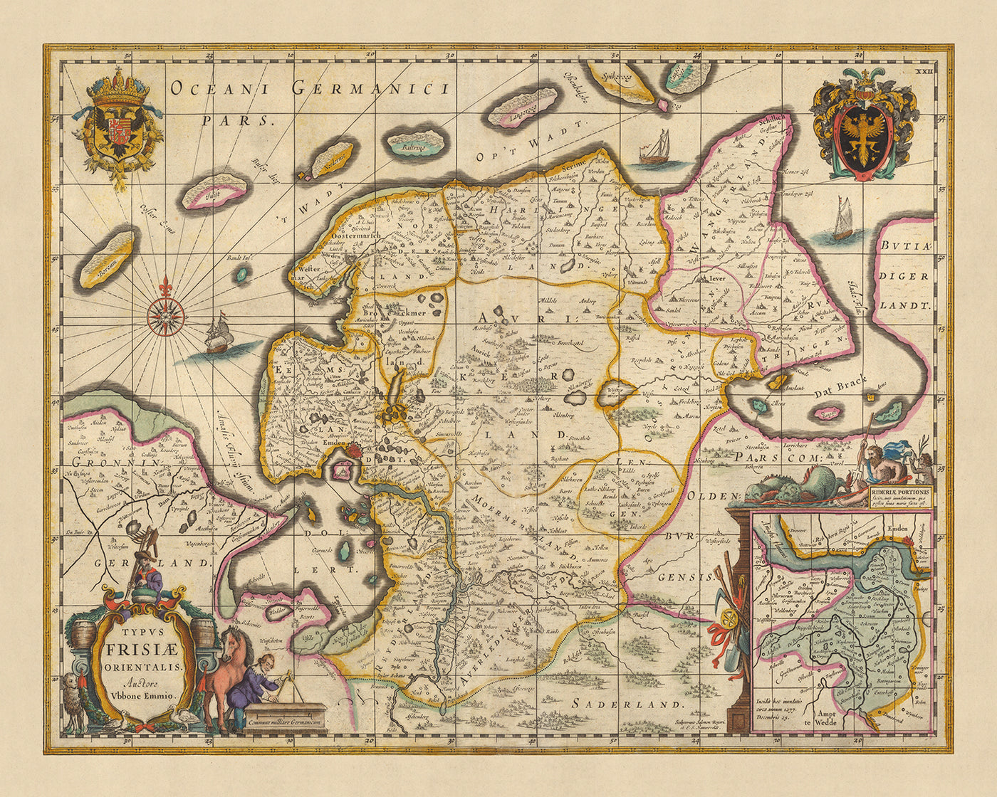 Mapa antiguo de Frisia Oriental por Visscher, 1690: Wilhelmshaven, Emden, Aurich, Leer, Reserva Natural de Leyhörn