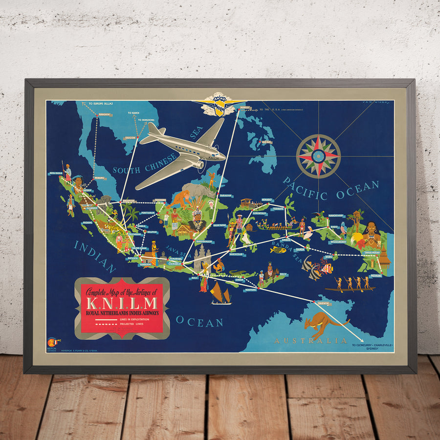 Mappa antica delle rotte aeree delle Indie Orientali Olandesi di Wijga, 1935: Art Deco, Rotte aeree, Illustrazioni culturali 
