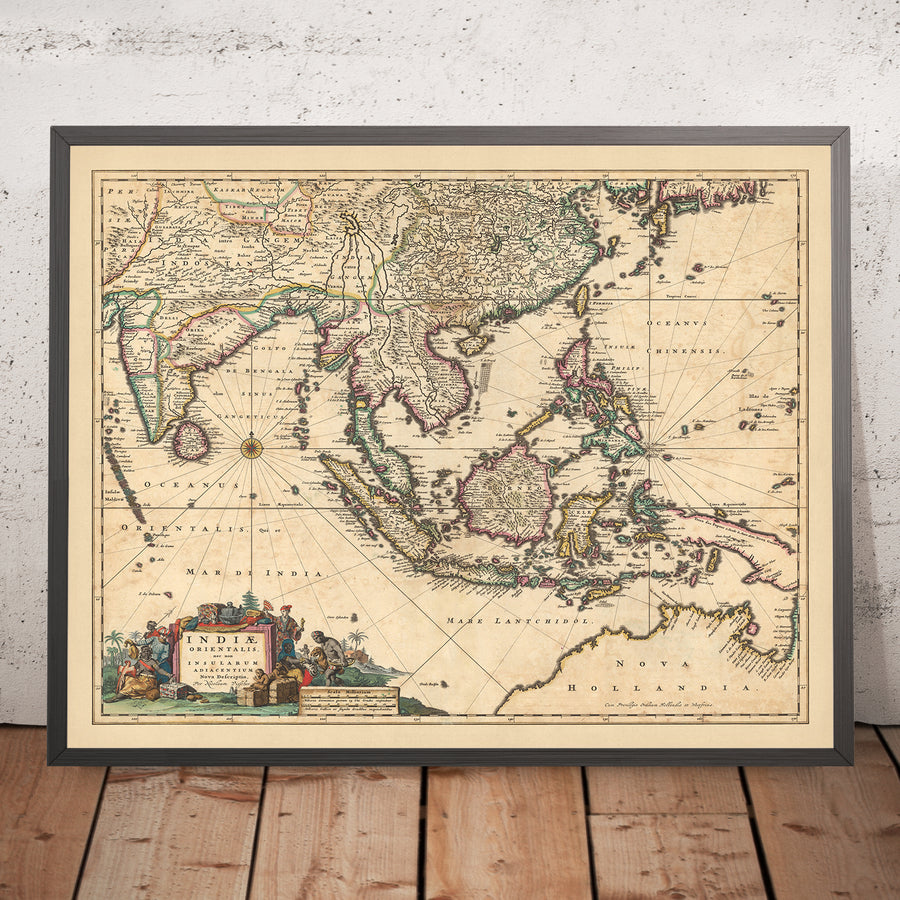 Mappa antica delle Indie orientali di Visscher, 1690: Sud-est asiatico, Sud dell&