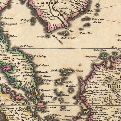 Alte Karte von Ostindien und angrenzenden Inseln von Visscher, 1690: Südostasien, Südasien, Südchina, Northern Territory, Himalaya