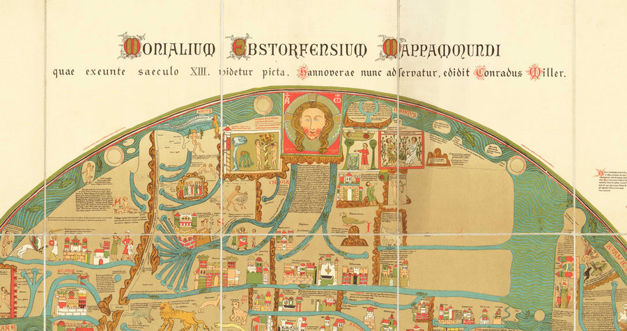 Antica Ebstorf Mappa Mundi - Atlante del Mondo del XIII secolo - Gibilterra, Mediterraneo, Gerusalemme, Sicilia, Grecia 