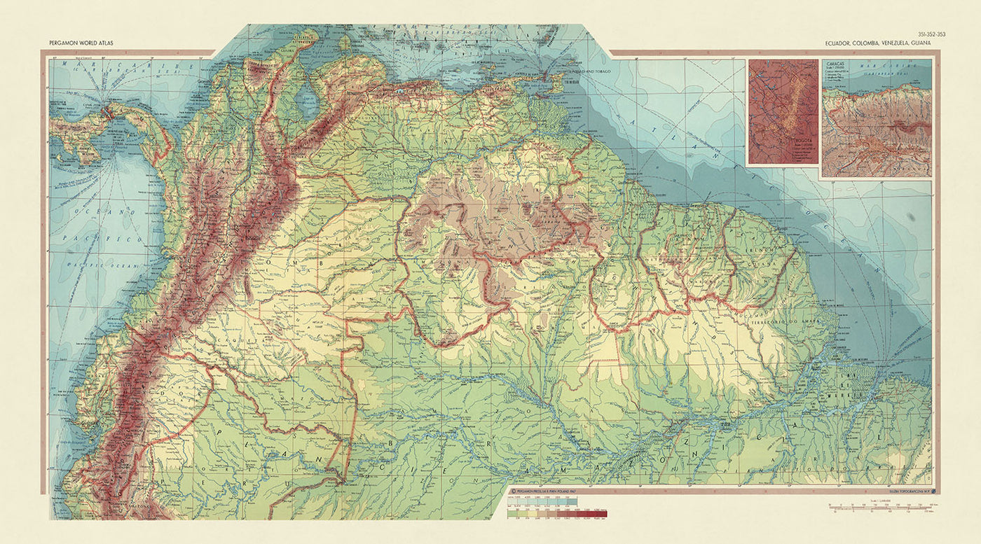 Carte du vieux monde Équateur, Colombie, Venezuela, Guyane : carte politique et physique détaillée, encarts, 1967