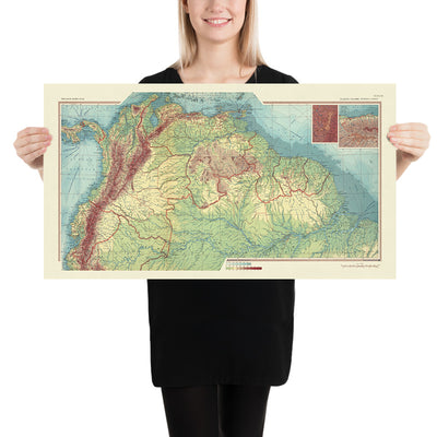 Carte du vieux monde Équateur, Colombie, Venezuela, Guyane : carte politique et physique détaillée, encarts, 1967