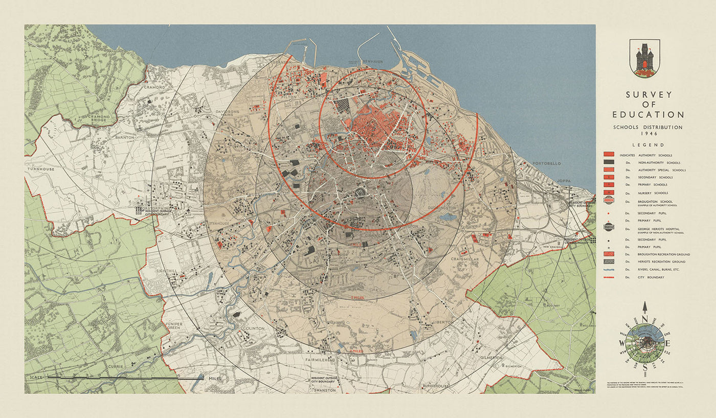 Alte Schulkarte von Edinburgh von Abercrombie, 1946: Autorität & Nicht-Autorität Bildung und Schüler 