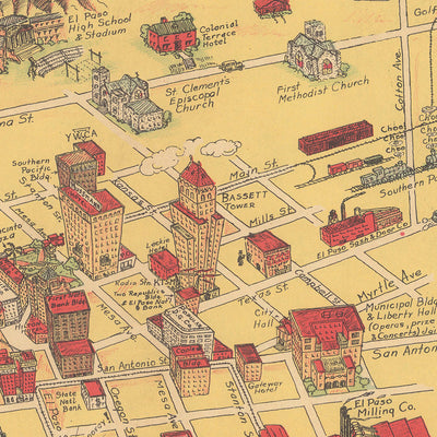 Old Pictorial Map of El Paso & Juarez by Dockum, 1932: Guadalupe Mission, Camino Real, Fort Bliss, Rio Grande, Union Depot