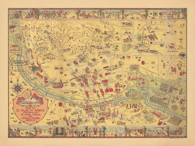 Ancienne carte picturale d'El Paso par Dockum, 1932 : Mission Guadalupe, Camino Real, Fort Bliss, Rio Grande, Union Depot