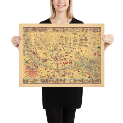 Antiguo mapa pictórico de El Paso por Dockum, 1932: Misión Guadalupe, Camino Real, Fort Bliss, Rio Grande, Union Depot