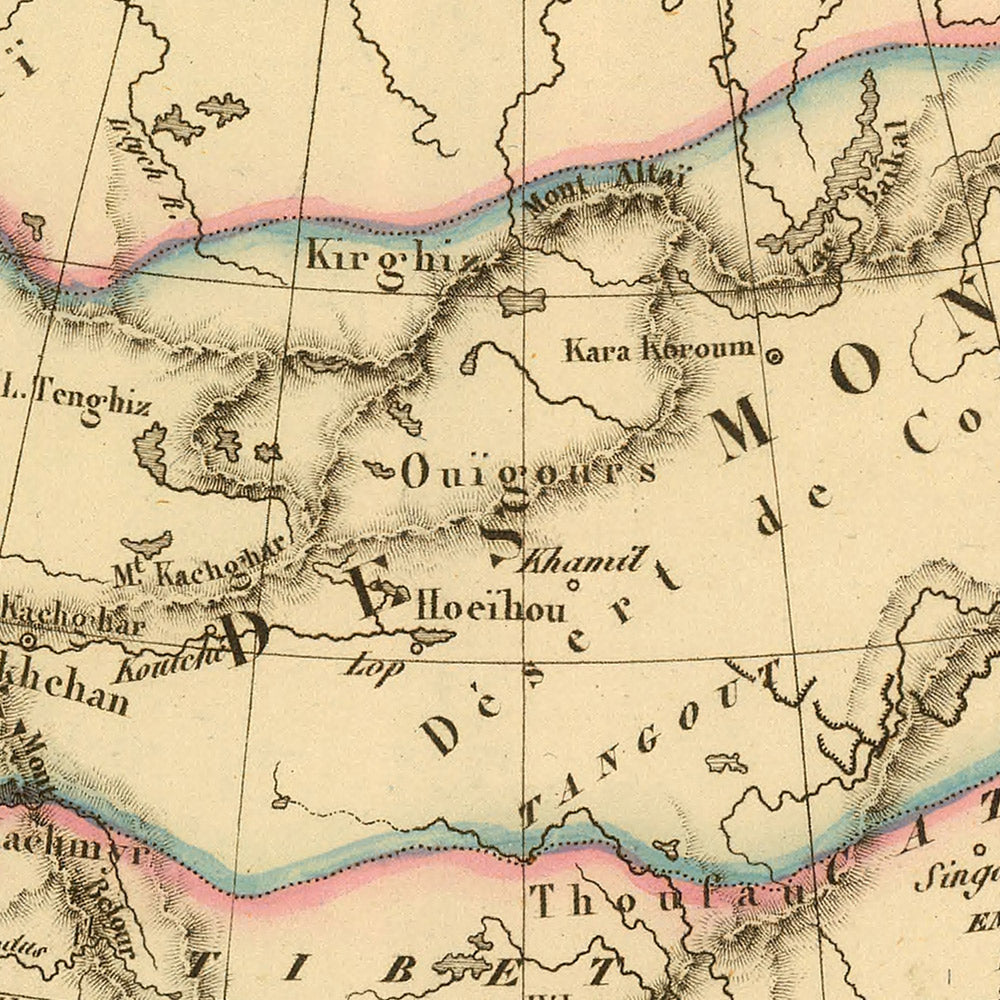 Mapa antiguo del Imperio mongol de Malte-Brun, 1837: Karakorum, Ruta de la Seda, Persia, India, China