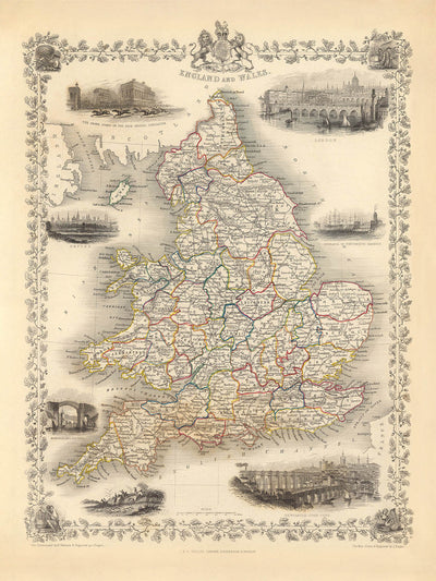 Old Map of England & Wales by Tallis, 1851: Railways, Landmarks, Illustrations