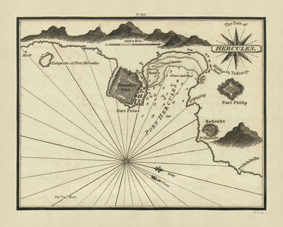 Carte nautique du Vieux-Port d'Hercule par Heather, 1802 : littoral toscan, Fort Point, île d'Elbe